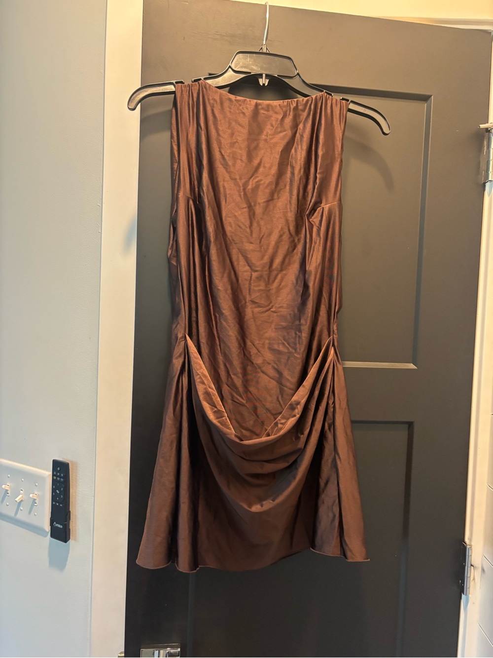 Oh Polly Monnie Draped Open-Back A-Line Mini Dress 6 Pearl Chocolate Brown NWT - Picture 7 of 12
